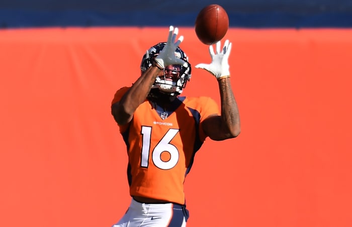 Denver Broncos wide receiver Tyrie Cleveland (16) warms up before a game against the New Orleans Saints at Empower Field at Mile High.
